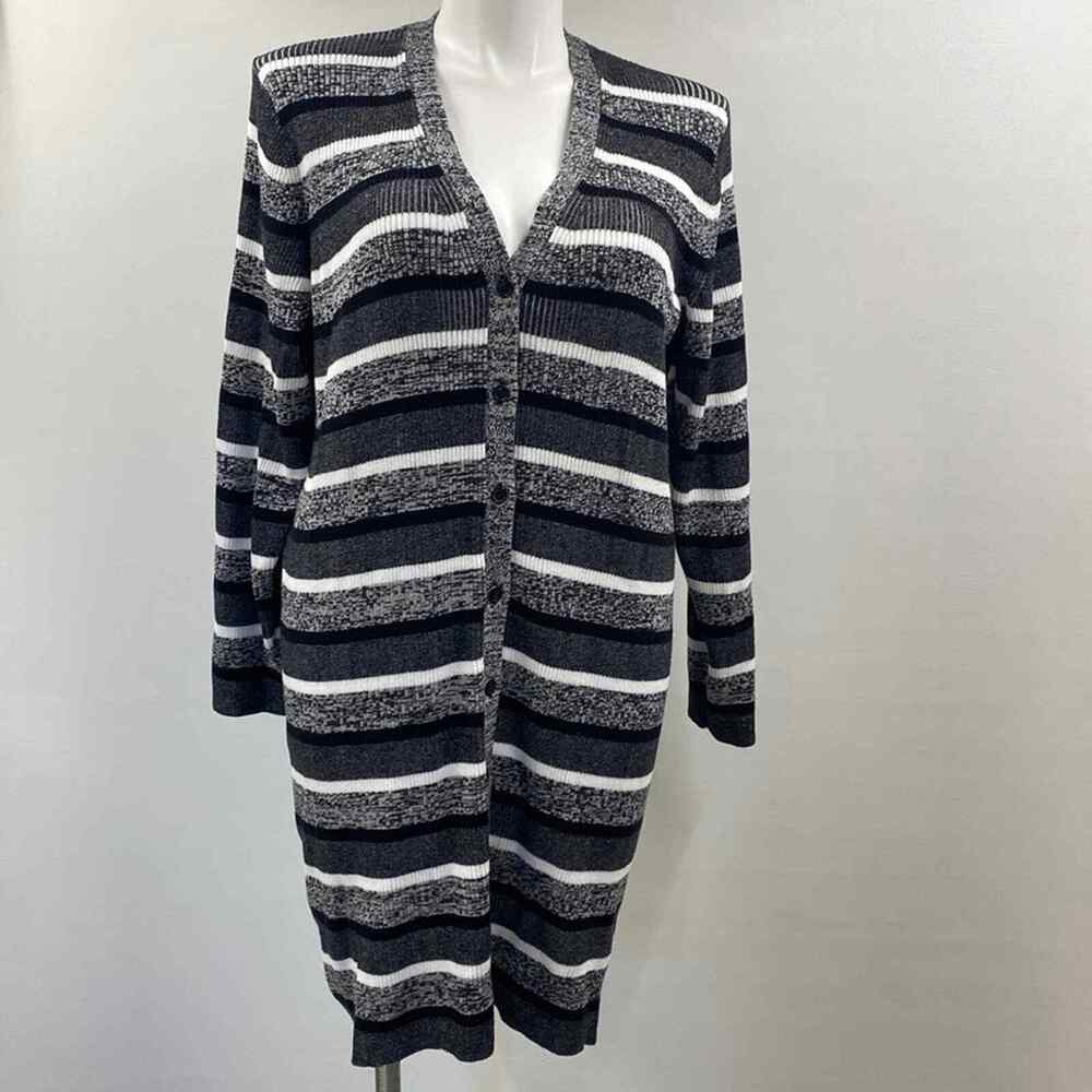 Tommy‎ Hilfiger Cardigan Gray Striped Button Front Duster Women’s Sz M  New